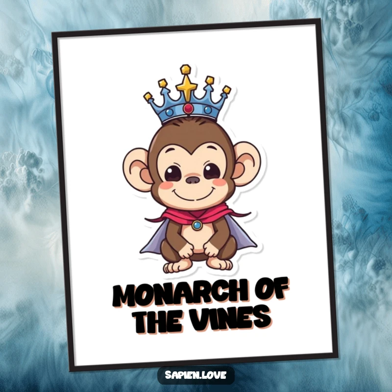 Funny digital art print of a monkey character in a crown and cape, offering instant downloadable regal and amusing wall decor.