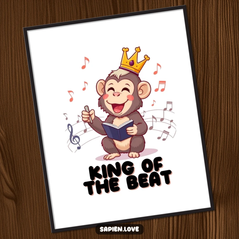 Funny Primate Conductor Digital Art: High-resolution image of a cheerful primate king conducting musical notes, ideal for vibrant wall display.
