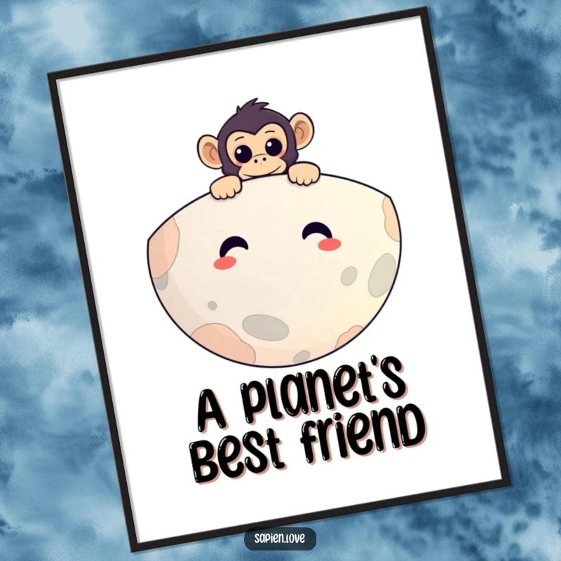 Funny digital art print of a curious primate peeking over a smiling planet, offering instant humor and cosmic charm for your walls.