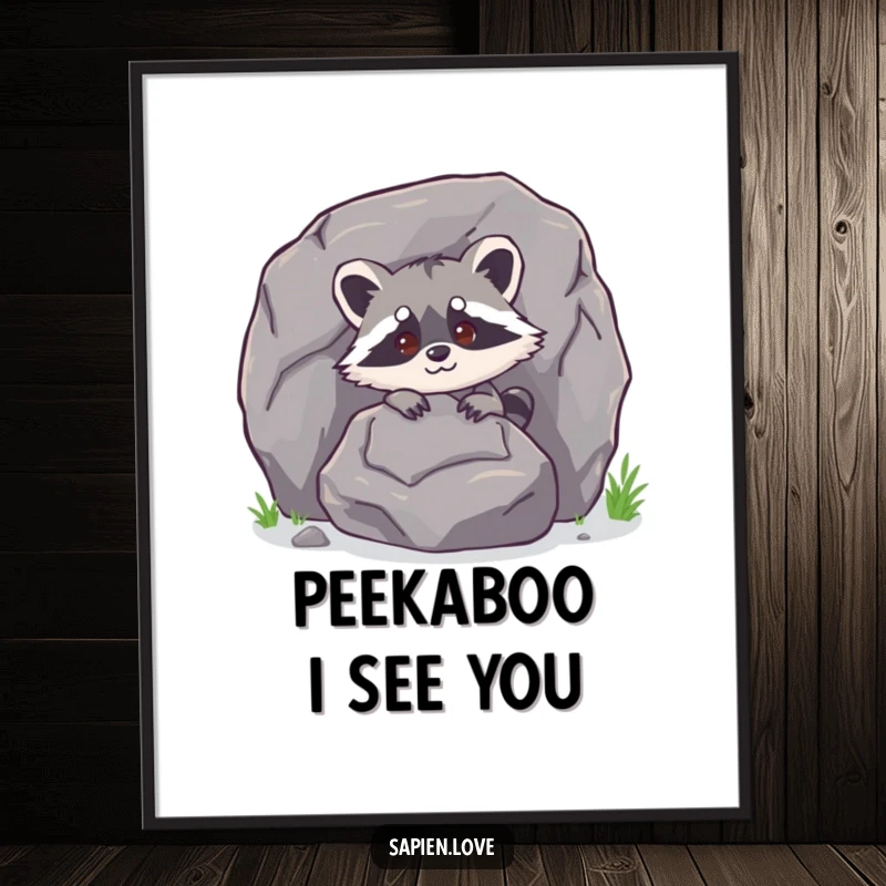 Funny bipedal raccoon character peeking from behind a large rock, high-resolution digital art print for charming decor.