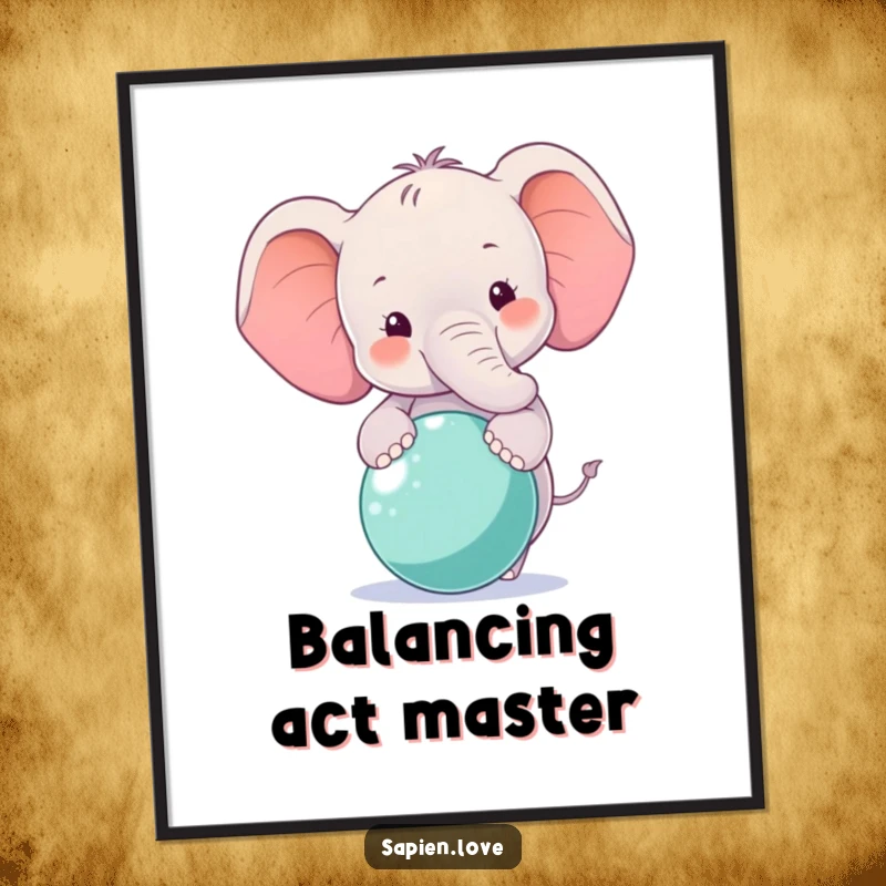 Funny Elephant Digital Art Print of a smiling elephant character balancing a ball, perfect for instant humorous decor.