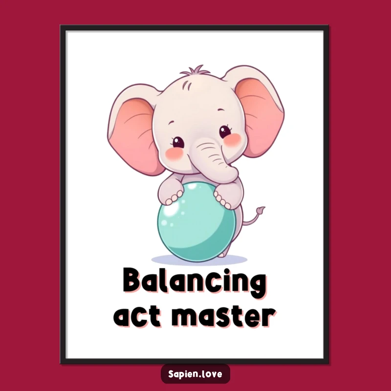 Funny Smiling Elephant Digital Art - Balancing Ball Print for Joyful Decor