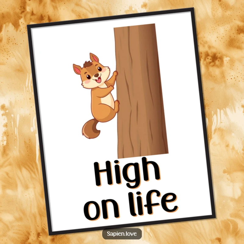 Funny smiling squirrel excitedly climbs a tall tree, a humorous and energetic digital art print.