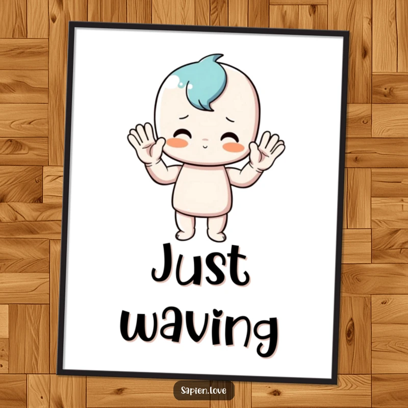 Funny digital art print of a stick figure in a dynamically exaggerated waving pose, ready to be printed and displayed for a cheerful, humorous atmosphere.