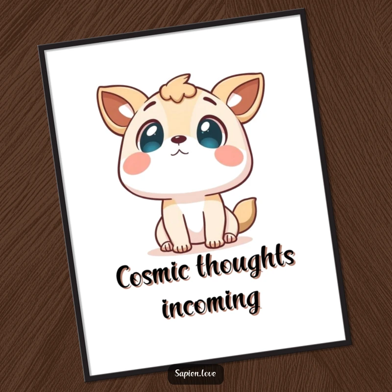 Funny digital art print of a cute character with animal ears looking up at the sky with a curious and dreamy gaze.