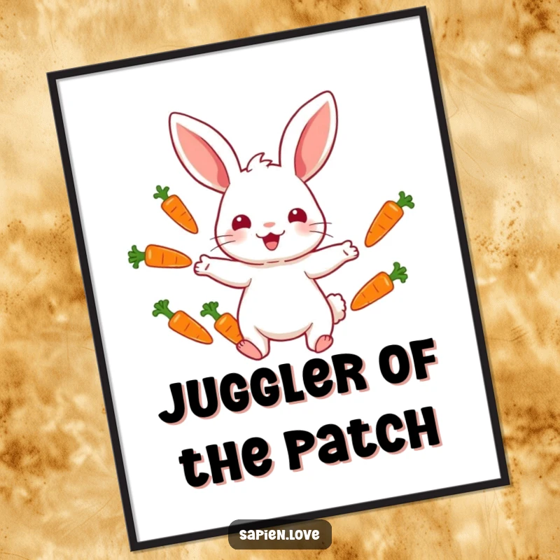 Funny digital art print of a rabbit character juggling colorful carrots, offering instant downloadable whimsical and amusing wall decor.
