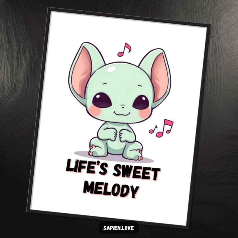 Funny digital art print of an alien with large ears happily listening to a musical note, designed for instant digital harmony.