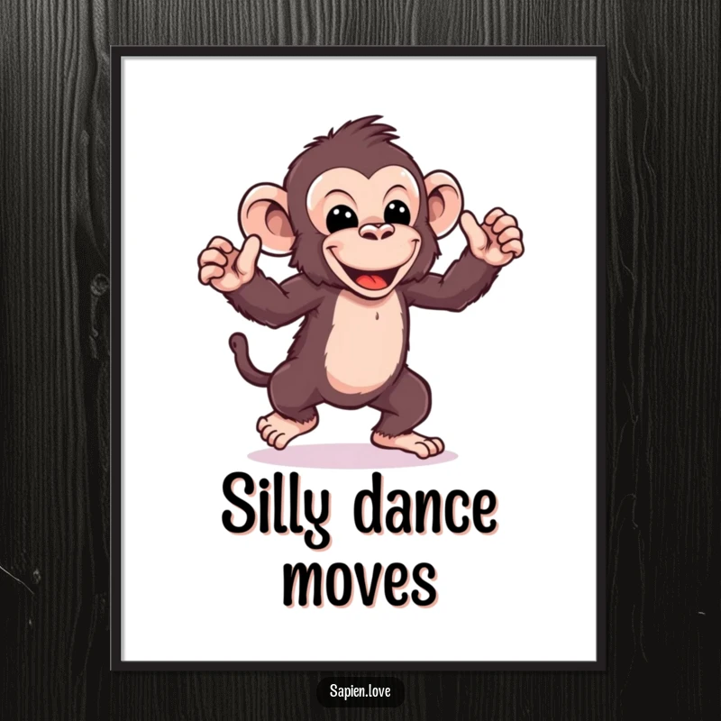 Funny kawaii ape dance digital art, a playful character with exaggerated dance moves, vibrant printable humorous artwork.