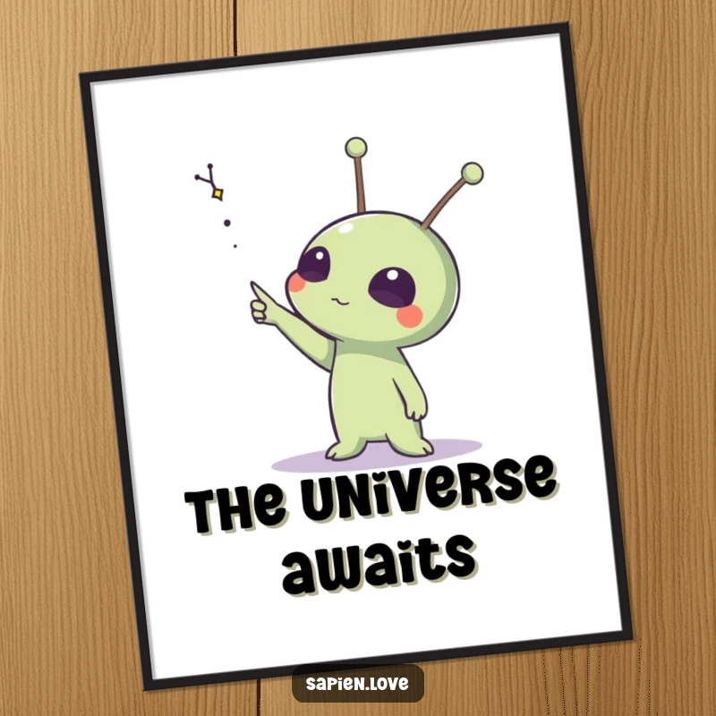 Funny digital art print of an alien with expressive antennae pointing at a distant constellation, designed for instant cosmic inspiration.