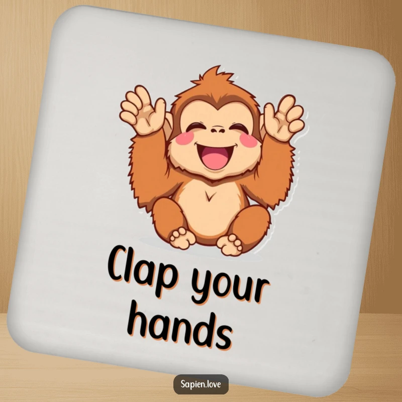 Funny Kawaii Orangutan Coaster, a happy orangutan clapping, a humorous and protective surface guard.