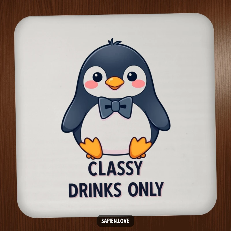 Funny Penguin Coaster with a sophisticated penguin wearing a small bowtie, protecting your furniture with humorous style.