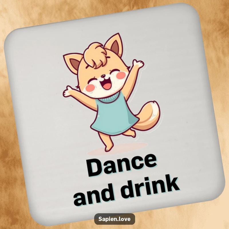 Funny Coasters featuring a stylized person with animal features dancing happily, providing surface protection with a charming and humorous design.