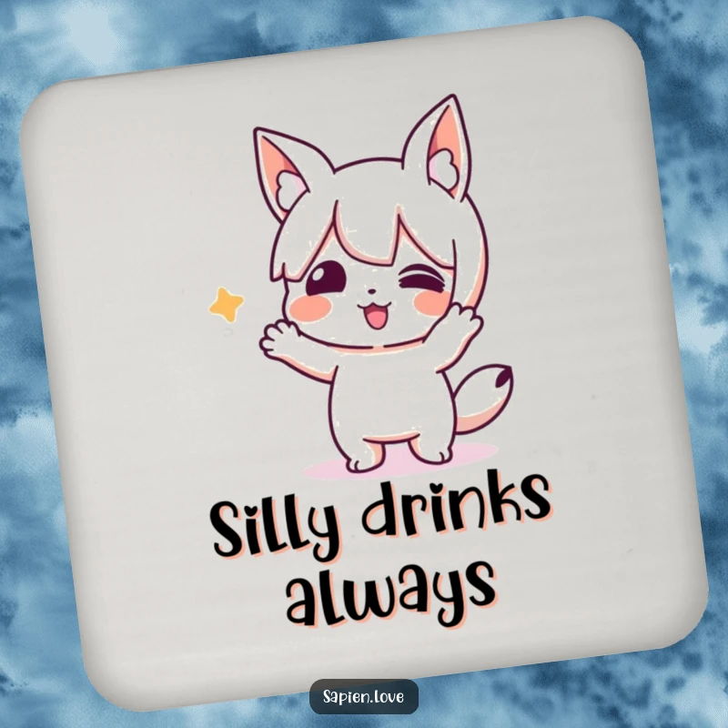 Funny drink coaster featuring a playful character with animal ears performing a silly action. A small but fun funny gift.