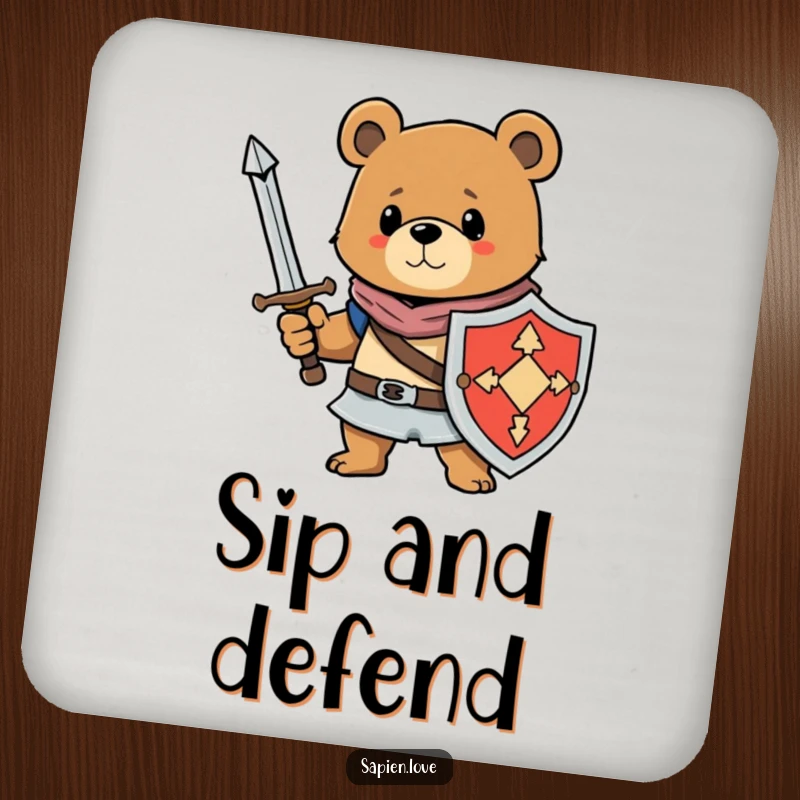 Funny drink coasters featuring a bear character with a sword and shield, providing amusing warrior protection for surfaces.