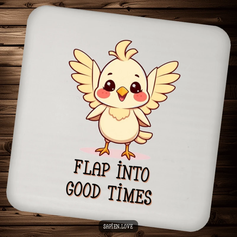 Smiling bipedal avian creature flapping its wings with joy on a drink coaster, protecting surfaces with cheer.
