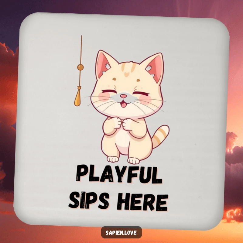 Funny Cat Coaster featuring a playful cat character batting at a dangling string, great for adding feline humor.