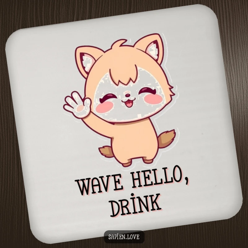 Funny Coasters: A set featuring a whimsical character with animal ears waving hello, adding a cheerful touch to drinks.