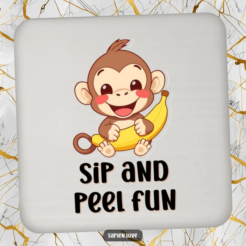 Funny kawaii monkey banana coasters, a cheerful character offering a banana, grin, protective humorous gift.