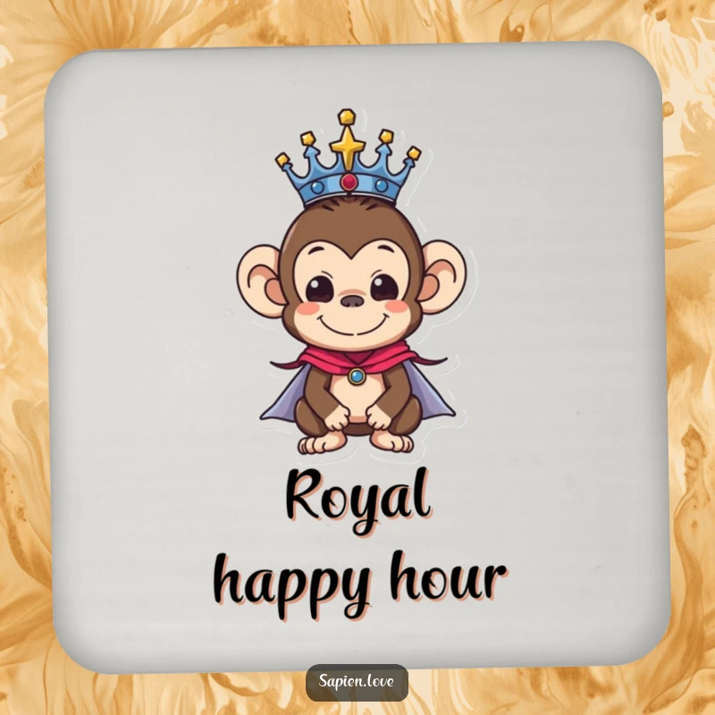 Funny drink coasters featuring a monkey character wearing a crown and cape, providing amusing royal protection for surfaces.