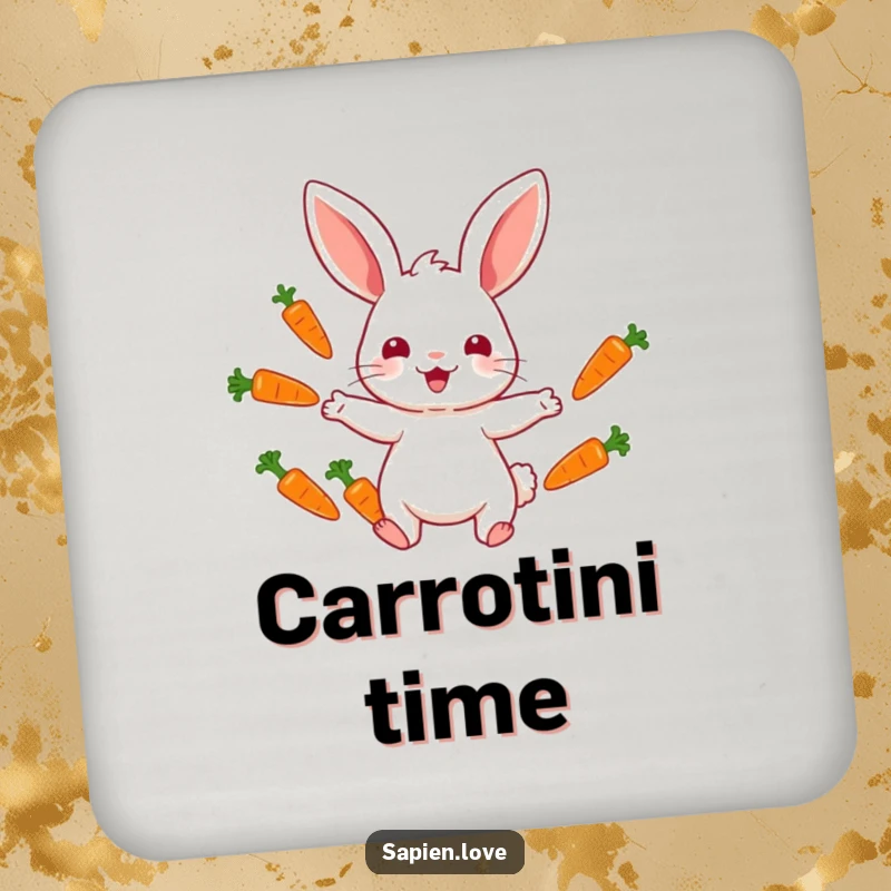Funny drink coasters featuring a rabbit character juggling colorful carrots, providing amusing whimsical protection for surfaces.