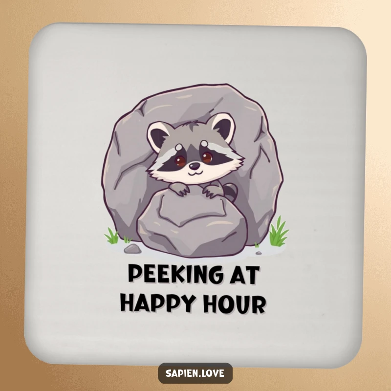 Funny bipedal raccoon character peeking from behind a large rock on a drink coaster, offering playful protection.