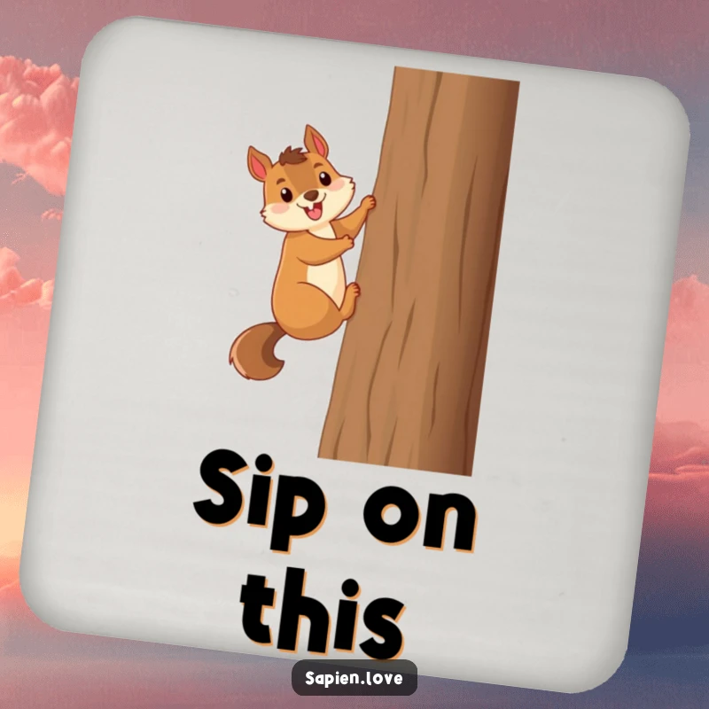 Funny smiling squirrel excitedly climbs a tall tree, humorous drink coasters for surface protection.