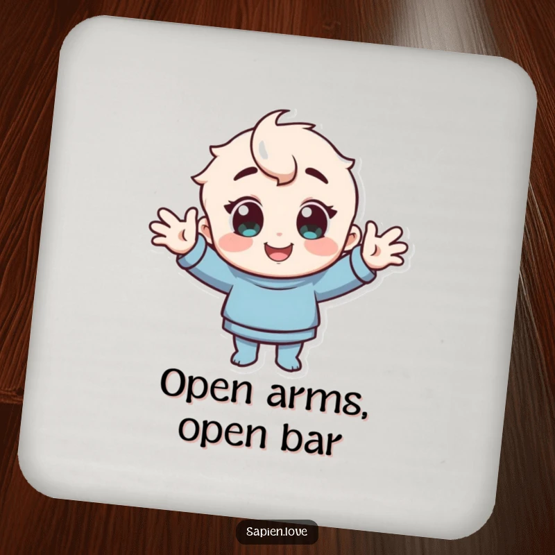 Funny Coasters: A character with cheerful eyes offers a greeting with open arms.