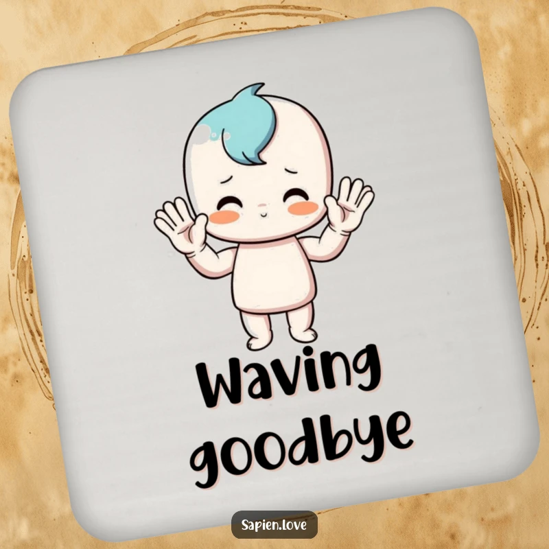 Funny drink coaster showcasing a stick figure's exaggerated, friendly wave, protecting surfaces while adding a humorous and vibrant element to your tabletop.