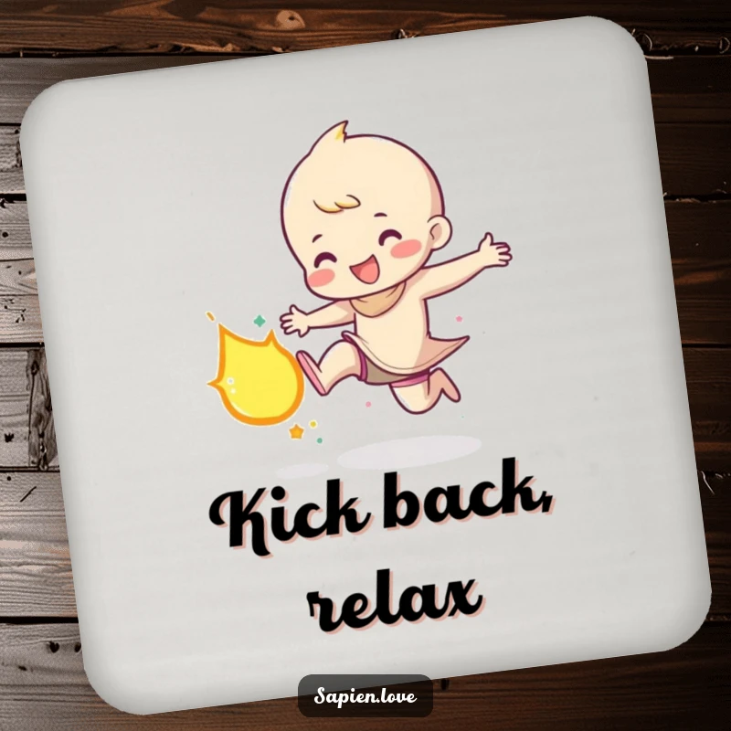 Funny drink coaster depicting a character gleefully kicking a small, glowing meteor, protecting surfaces with a touch of adventurous humor and cosmic flair.