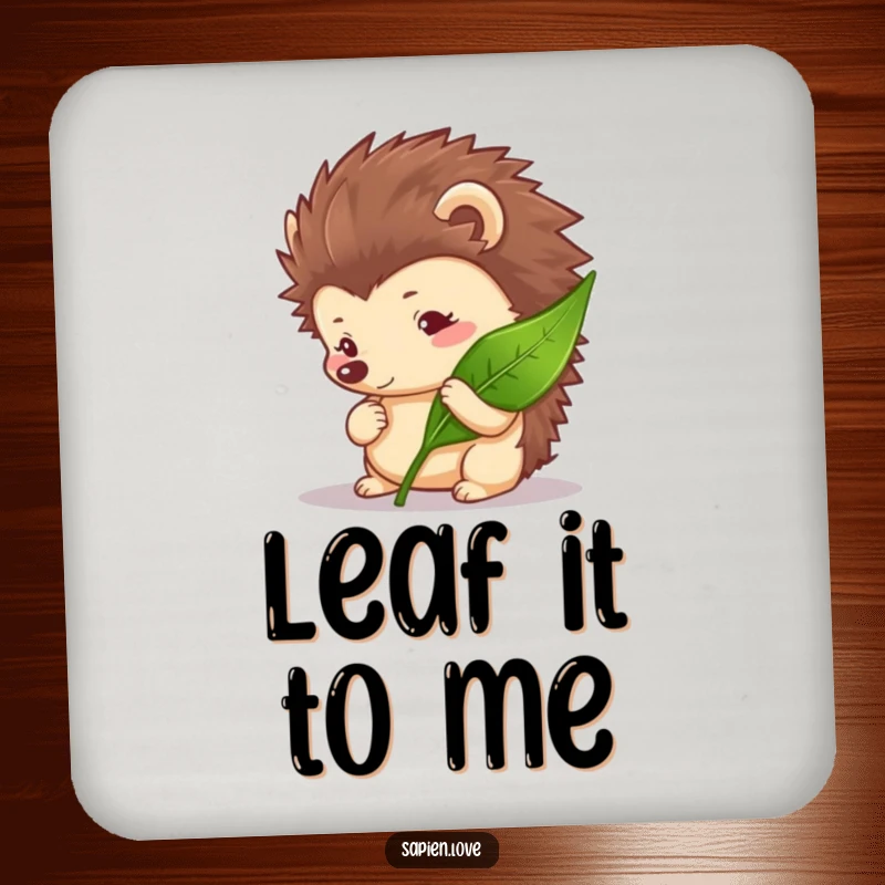 Funny Hedgehog Coaster with a curious hedgehog character examining a leaf, perfect for nature-themed decor.
