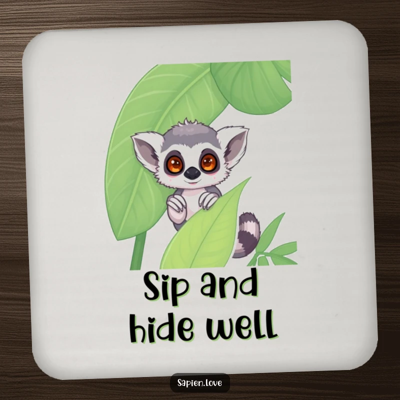 Funny kawaii lemur coasters, a shy character peeking from behind a leaf, protective humorous gift.