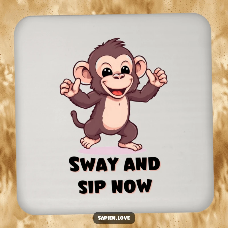 Funny kawaii ape dance coasters, a playful character doing a silly dance, energetic humorous drink coasters.