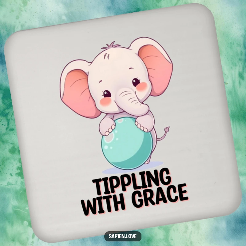 Funny Elephant Coaster featuring a smiling elephant character balancing a ball, great for adding gentle humor.