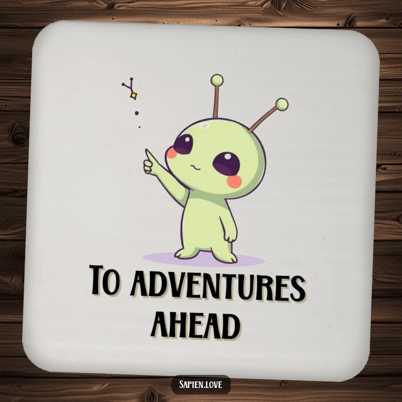 Funny drink coasters featuring an alien with expressive antennae pointing at a distant constellation, protecting tables with cosmic flair.