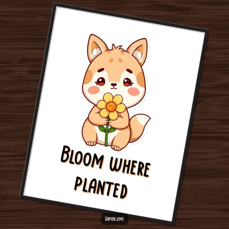 Funny Poster: An illustrated animal character with a kind expression offers a single, perfect flower, bringing cheer.