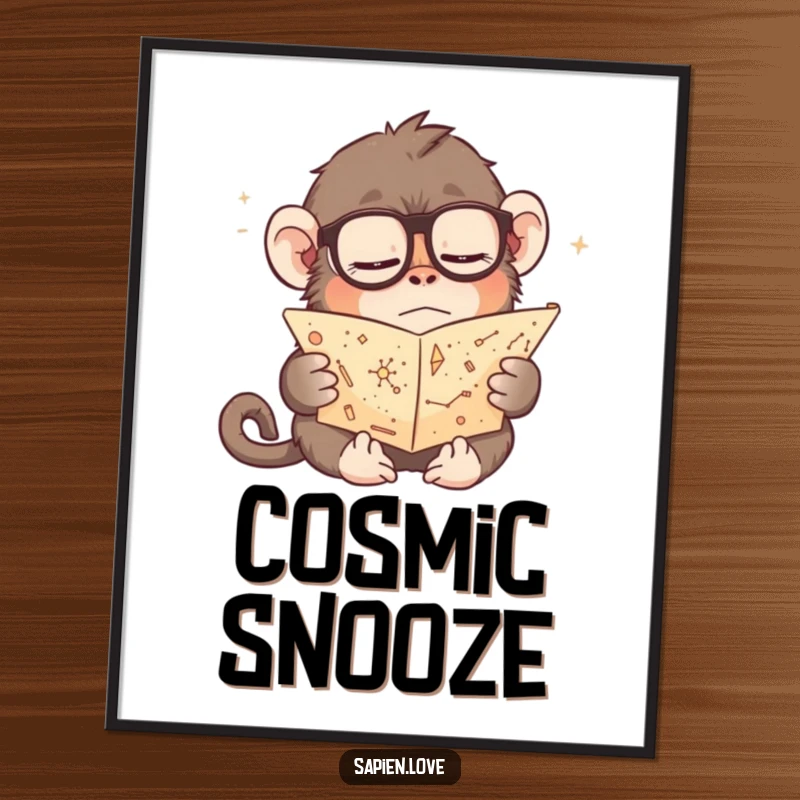 Funny poster art of a sleepy monkey in spectacles, diligently reading a small scroll detailing constellations, bringing a whimsical and studious vibe to your decor.