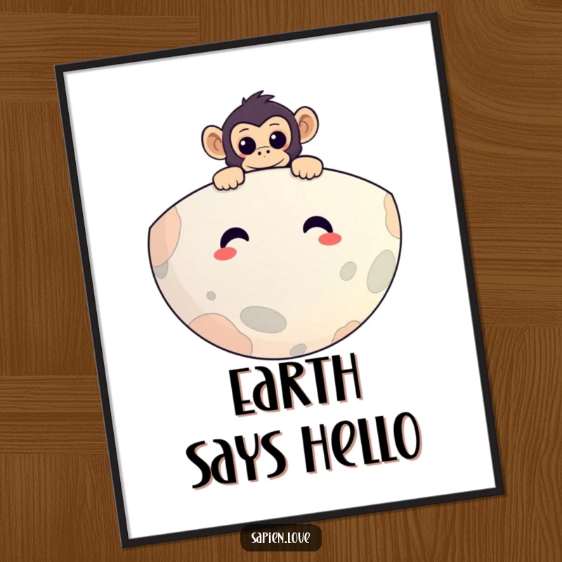 Funny poster art of a curious primate peeking over a giant, smiling planet, adding a touch of humor and wonder to room decor.
