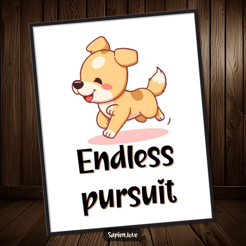 Funny Dog Poster illustrating a playful dog character in a comical tail-chasing frenzy, adding humor to decor.