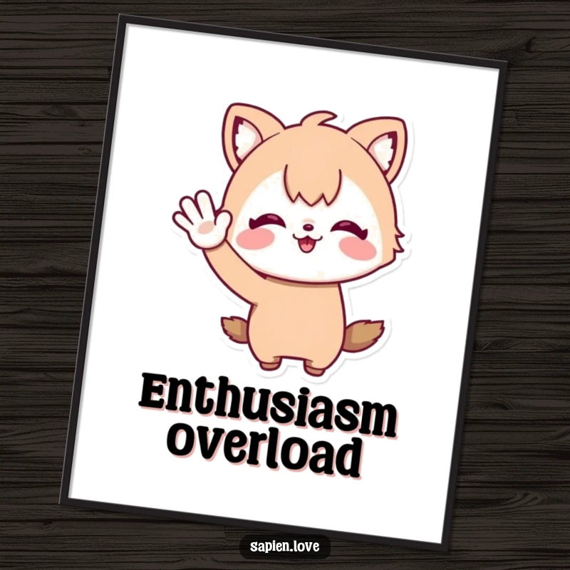 Funny Poster: An illustration of a whimsical character with animal ears waving enthusiastically, embodying pure happiness and welcome.