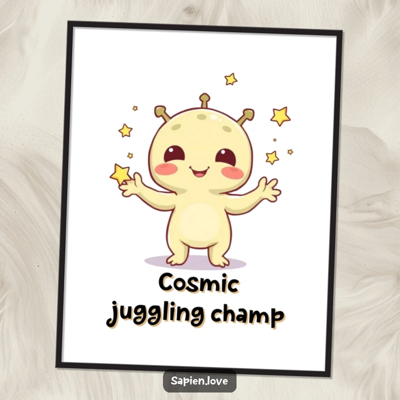 Funny poster art of a cheerful alien creature juggling a dazzling array of tiny, glowing stars with a happy expression.