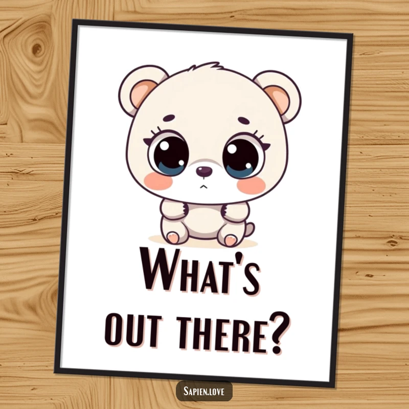 Funny bipedal bear with large, curious eyes exploring, a humorous and captivating poster.