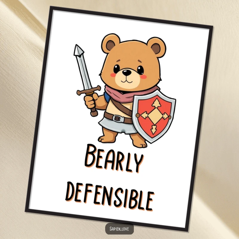 Funny poster of a bear character holding a sword and shield, ready for a comically heroic stand, perfect for wall decor.