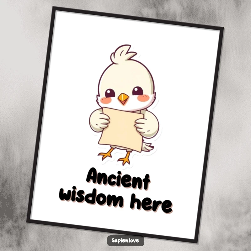 Funny bird character with a detailed scroll, looking like a scholar, perfect for a humorous wall poster.