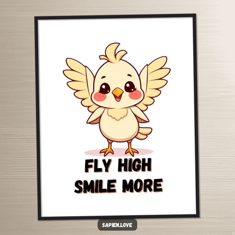 Smiling bipedal avian creature flapping its wings with joy on a poster, capturing pure happiness and freedom.