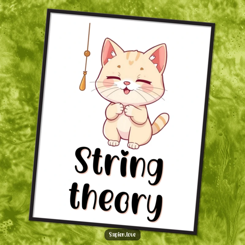 Funny Cat Poster illustrating a playful cat character reaching for a dangling string, adding humor to decor.