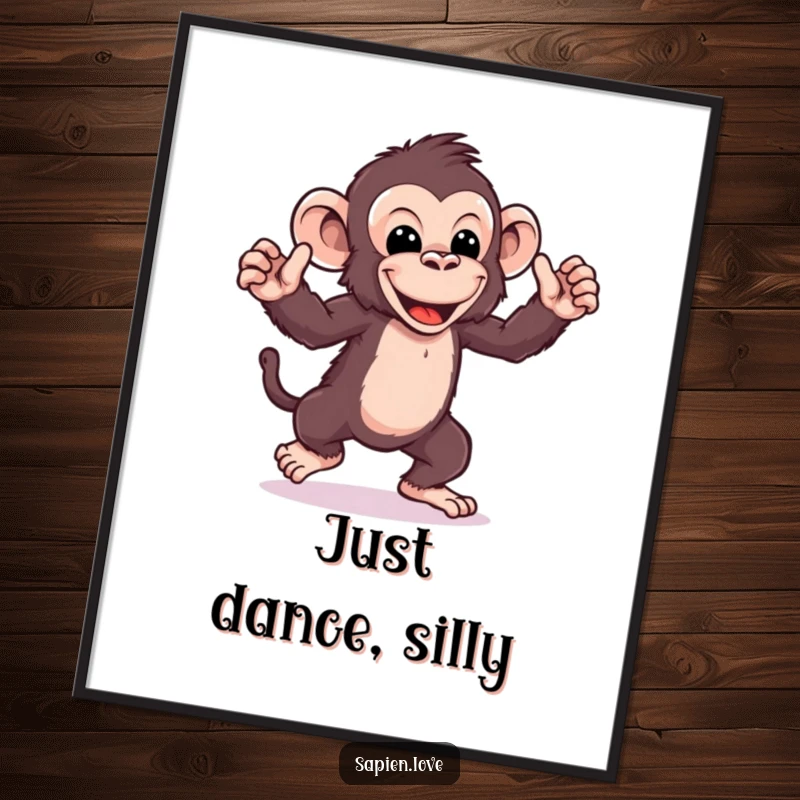 Funny kawaii ape dance poster, a playful character with exaggerated dance moves, energetic humorous wall art.