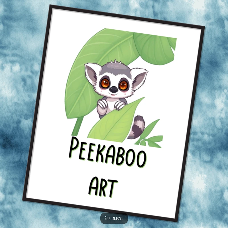 Funny kawaii lemur poster, a shy character peeking from behind a large jungle leaf, cute and humorous wall art.