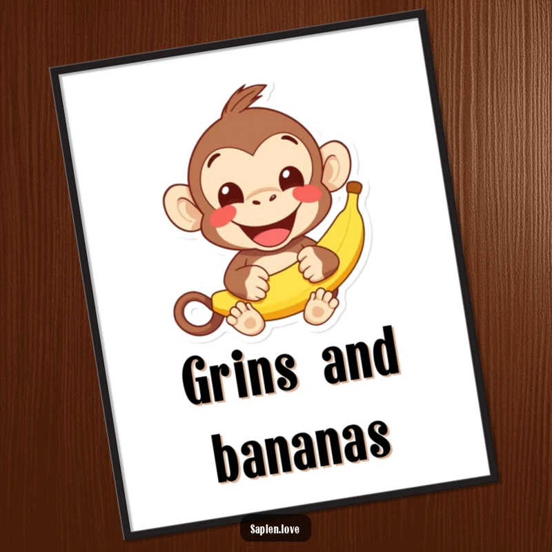 Funny kawaii monkey banana poster, a cheerful character offering a banana with a wide grin, joyful humorous wall art.