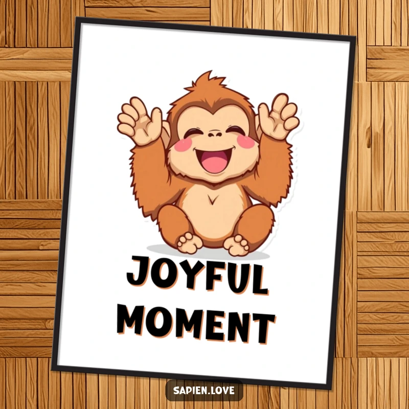 Funny Kawaii Orangutan Poster, a cute orangutan clapping with excitement, joyful and humorous wall decor.