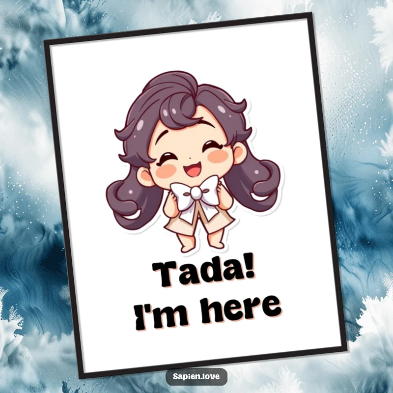 Funny Kawaii Poster: A smiling cute character performs a theatrical bow with a flourish.